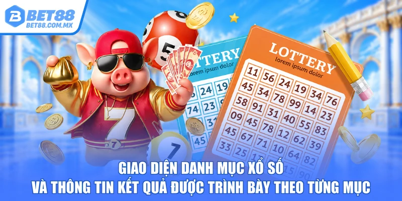 Giao diện danh mục xổ số và thông tin kết quả được trình bày theo từng mục